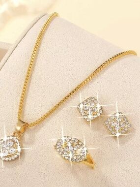 Gold Crystal Square Pendant Necklace and Stud Earrings Set 4pc.